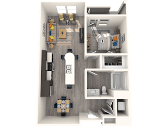 A 3D rendered image of a small apartment layout.