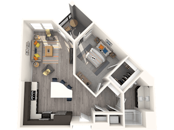 A 3D floor plan of a small apartment with a kitchen, living room, and bedroom.
