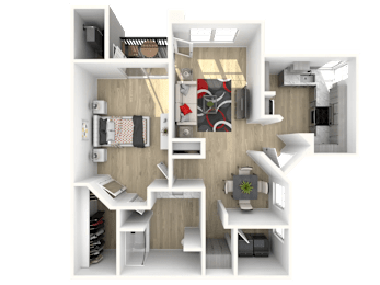 A 3D rendered image of a small apartment layout.