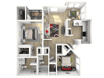 A 3D floor plan of a house showing a kitchen, living room, dining room, and bedrooms.