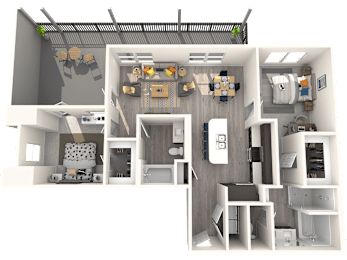 A 3D rendered image of a modern house interior.