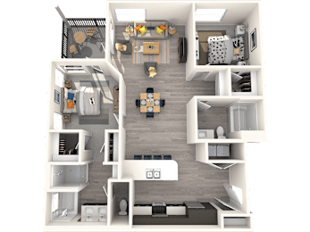 A 3D floor plan of a small apartment with a kitchen, living room, and bedroom.
