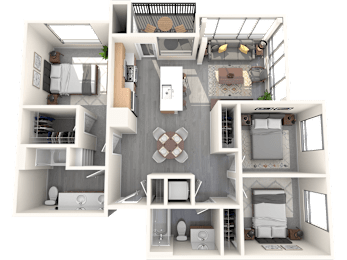 A 3D floor plan of a house with a kitchen, living room, and two bedrooms.