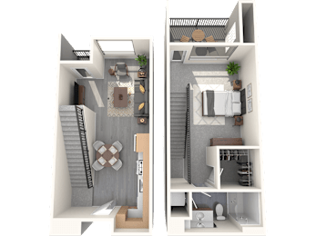 A 3D floor plan of a house showing a living room, kitchen, and bedrooms.
