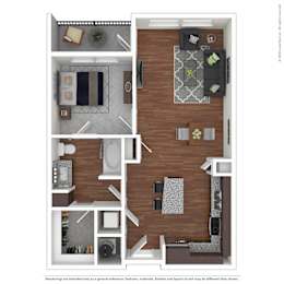A floor plan of a small apartment with a kitchen, living room, and bathroom.
