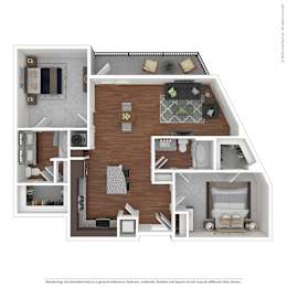 A 3D floor plan of a house with a kitchen, living room, and two bedrooms.