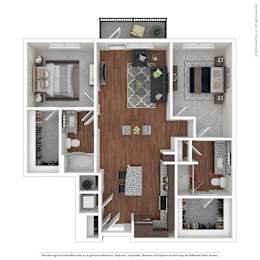 A 3D floor plan of a house showing a kitchen, living room, and bathrooms.