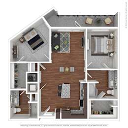 A 3D rendered image of a house layout.