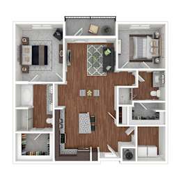 A top-down view of a house layout with a kitchen, living room, and bedrooms.