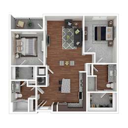 A floor plan of a house with a kitchen, living room, dining room, and bathrooms.