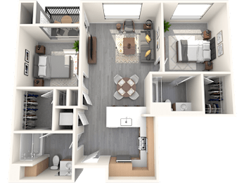 A 3D floor plan of a house with a kitchen, living room, and bedrooms.