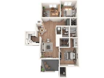 A top down view of a house layout with a kitchen, living room, dining room, and bedrooms.
