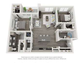 A 3D floor plan of a small apartment with a kitchen, living room, and bathroom.