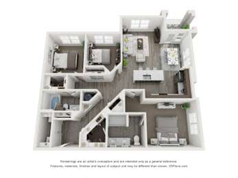 A 3D floor plan of a house with a kitchen, living room, and two bedrooms.