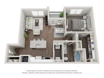 A 3D floor plan of a house with a kitchen, living room, and bathroom.