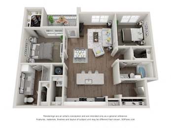A 3D floor plan of a house with a kitchen, living room, and two bedrooms.