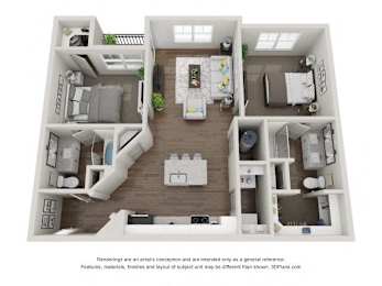A 3D floor plan of a house with a kitchen, living room, and two bedrooms.