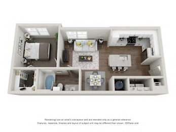 A 3D floor plan of a house with a kitchen, living room, and bathroom.