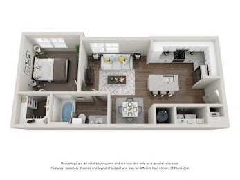 A 3D floor plan of a house with a kitchen, living room, and bathroom.