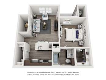 A floor plan of a small apartment with a living room, kitchen, and two bedrooms.