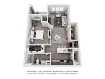 A floor plan of a house with a kitchen, living room, dining room, and two bedrooms.