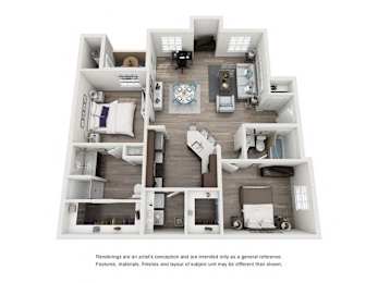 A drawing of a house with a kitchen, living room, and two bedrooms.