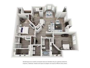 A 3D rendered image of a house layout.