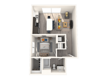 a stylized floor plan with a bedroom and a bathroom