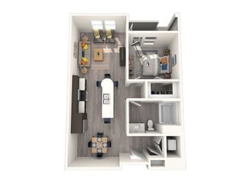 a stylized floor plan with a bedroom and a living room