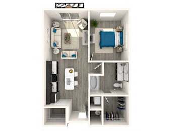 A top down view of a small apartment with a bedroom, bathroom, and kitchen.