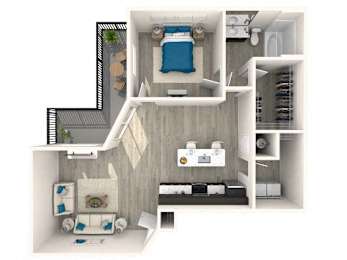 A 3D floor plan of a small apartment with a bedroom, living room, and kitchen.