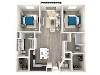 A top-down view of a small, well-organized apartment with two bedrooms, a living area, and a kitchen.