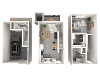 Three different floor plans of a small apartment are shown.