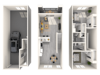 Three images of a small apartment layout.