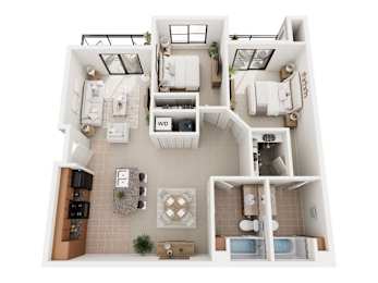 A floor plan of a small apartment with a kitchen, living room, and bathroom.