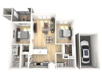 A 3D floor plan of a house showing a kitchen, living room, dining room, and two bedrooms.