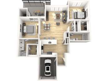 A top-down view of a house layout with a car in the garage.