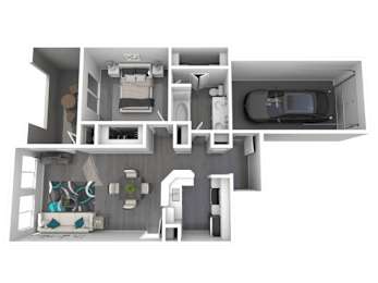 A 3D rendered image of a house layout.