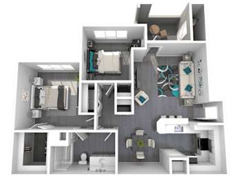 A 3D rendered image of a modern apartment layout.