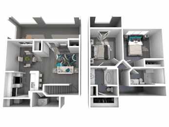 A diagram of a house with two rooms and a bathroom.