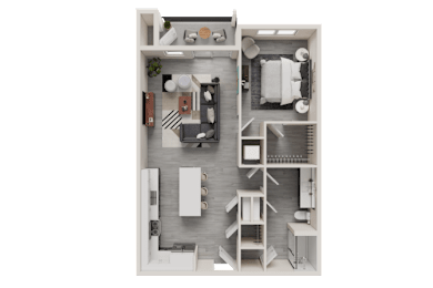 A top-down view of a small apartment with a kitchen, living room, and bathroom.