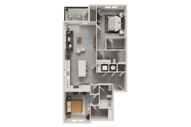 A floor plan of a house with a kitchen, living room, and two bedrooms.