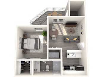 A top-down view of a small apartment with a kitchen, living room, and bathroom.