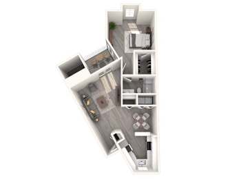 A top down view of a house with a kitchen, living room, and bathroom.