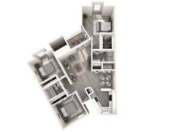 A 3D floor plan of a house with multiple rooms and a central courtyard.