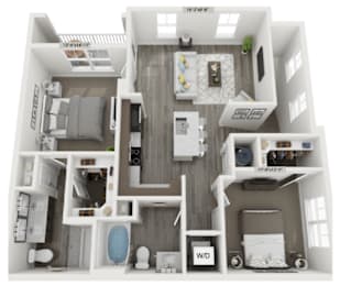A 3D floor plan of a small apartment with a kitchen, living room, and bathroom.