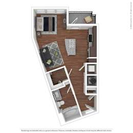 A floor plan of a room with a kitchen area, a living room, and a bathroom.