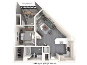 A diagram of a house layout with a kitchen, living room, and bathroom.