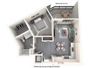 A diagram of a house layout with a balcony and a note that finishes may vary by unit type and location.