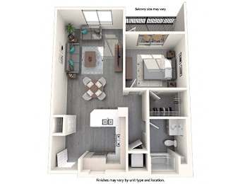 A 3D floor plan of a house with a kitchen, living room, and bathroom.